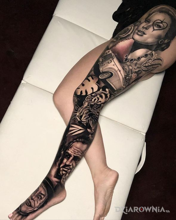 Tatuaż kolaż ciekawych motywów w motywie 3D i stylu realistyczne na udzie