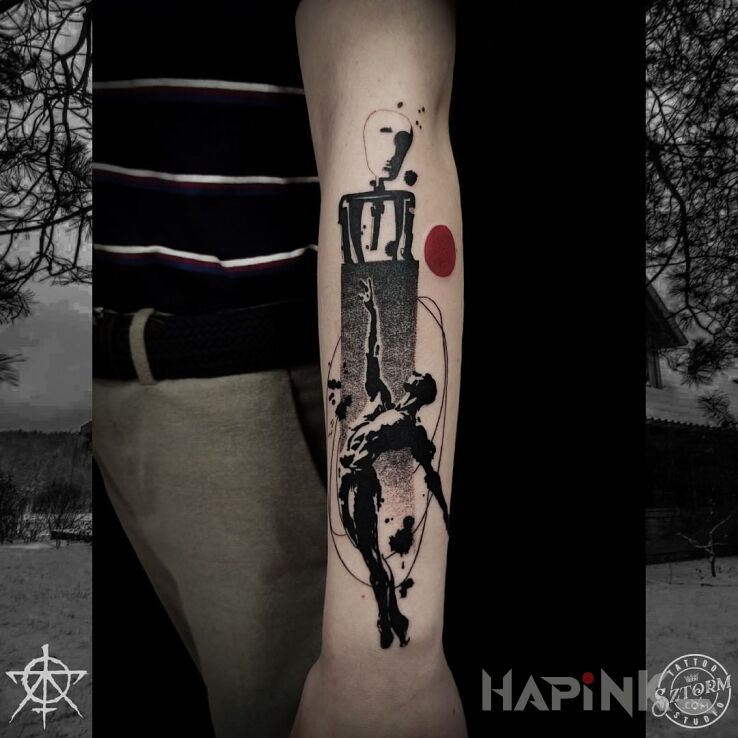 Tattoo Pierwszy tatuaż klienta! in characters motif and graphic / illustrative style On the arm