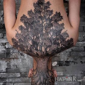 Tattoo Tree (picture upside down or something?) on the nape motif: nature style: realistic