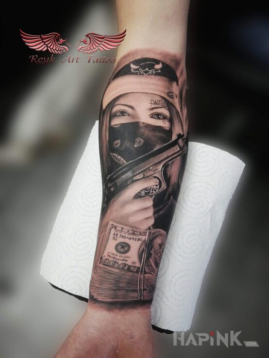 Tattoo Cash cash in black and gray motif and chicano style On the arm