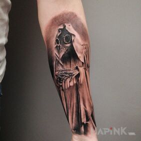 Tattoo Pandemic dude On the arm motif: dark style: realistic