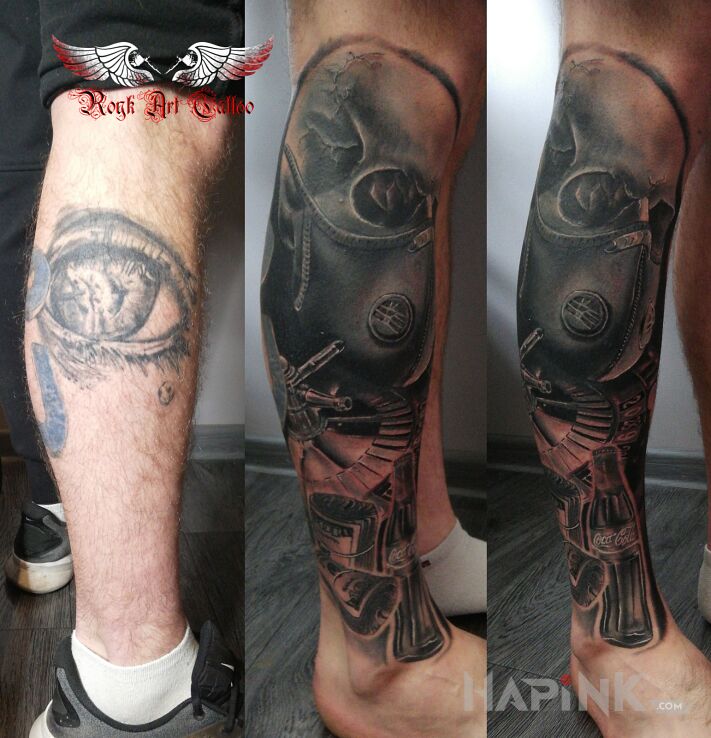 Tattoo Covereczek in cover-up motif and surrealistic style on the calf