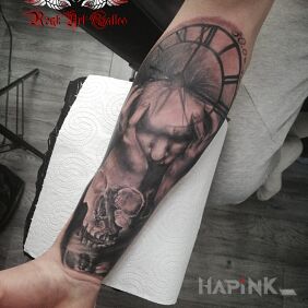 Tattoo A bit darker on the forearm motif: faces style: surrealistic