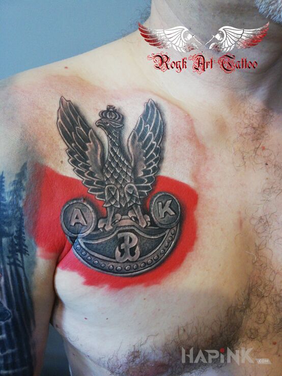 Tattoo Polski orzełek in patriotic motif and graphic / illustrative style on the chest