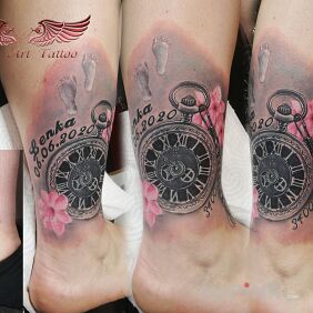 Tattoo Another cover-up in the collection on the leg motif: colorful style: realistic