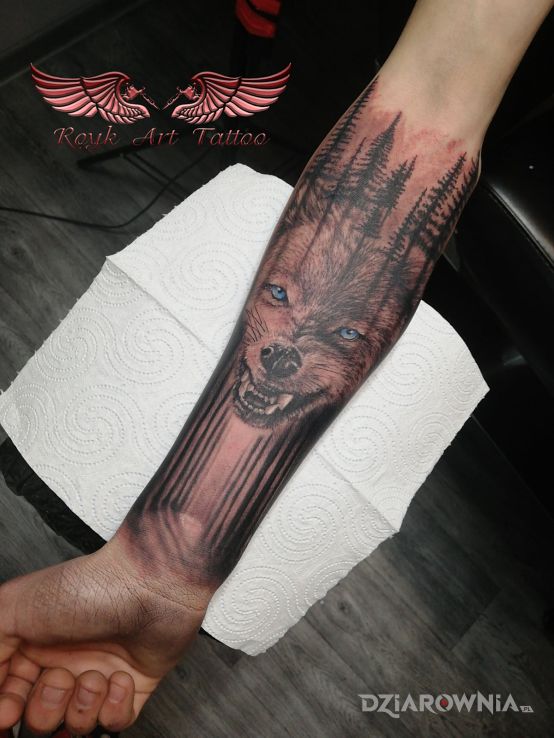 Tatuaż klasycznie wilkełek i lasełek w motywie czarno-szare i stylu surrealistyczne na przedramieniu