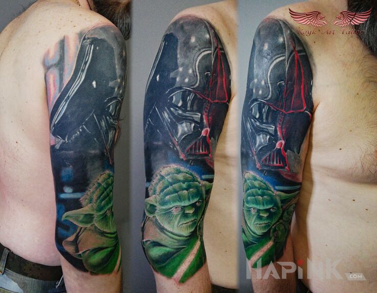 Tattoo Kinowy coverek in characters motif and realistic style on the upper arm