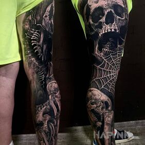 Tattoo Pretty old bones on the thigh motif: anatomical style: realistic