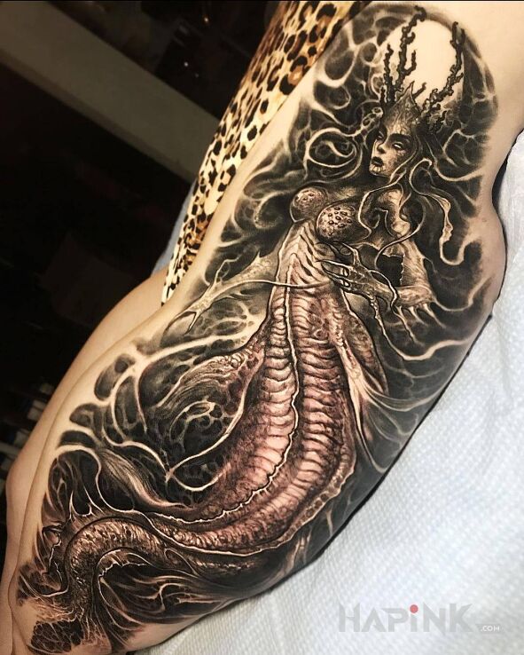 Tattoo Demoniczna kobieca postac in demons motif and realistic style on the buttocks
