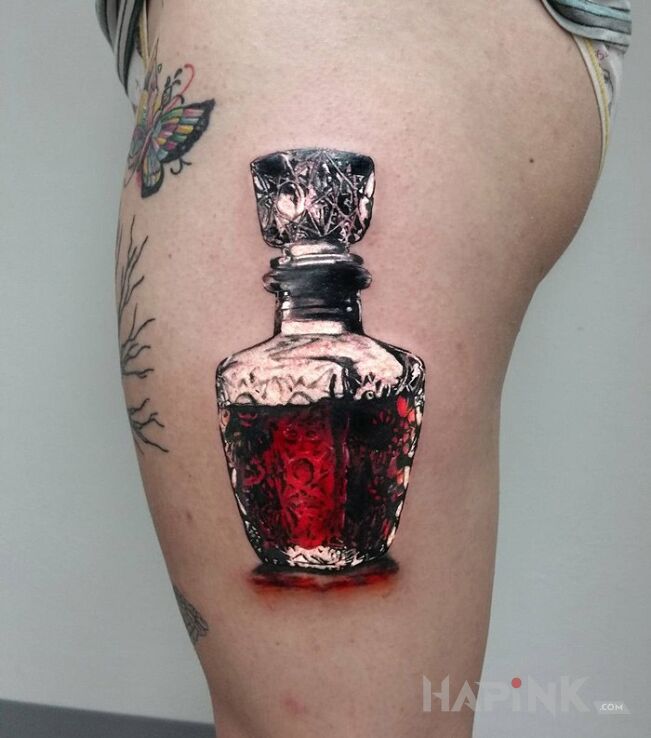 Tattoo Karafka in 3D motif and realistic style on the leg