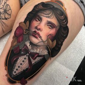 Tattoo Crying girl on the thigh motif: flowers style: realistic