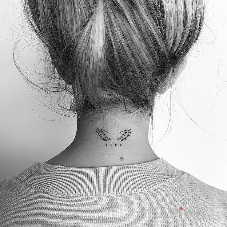 Tattoo 1404 in black and gray motif and minimalistic style on the nape