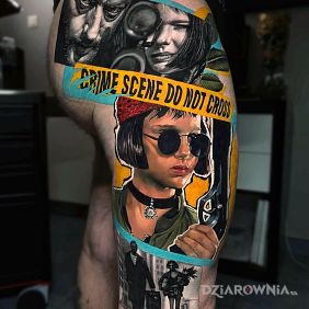 Tatuaż Leon zawodowiec na nodze motyw: czarno-szare styl: realistyczne