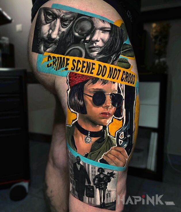 Tattoo Leon zawodowiec in black and gray motif and realistic style on the thigh