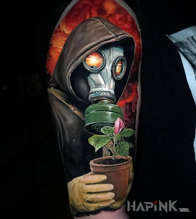 Tattoo Odbudowa zniszczonego świata in 3D motif and realistic style on the upper arm