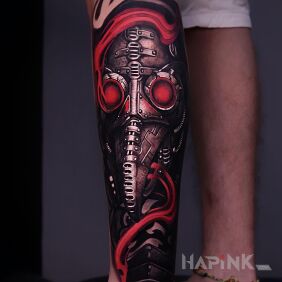 Tattoo Doctor Plaga's Red Eyes on the calf motif: characters style: realistic