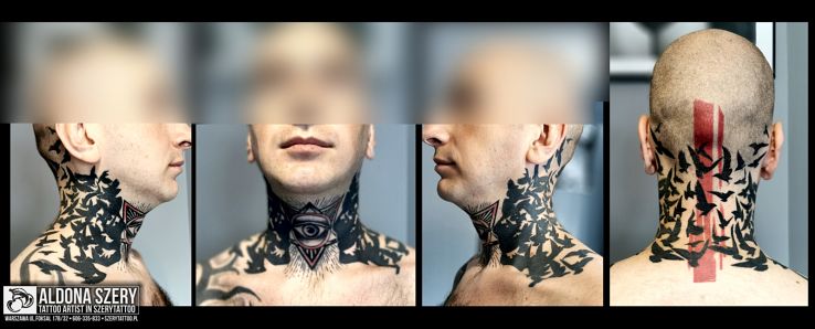 Tatuaż ptaki w motywie zwierzęta i stylu blackwork / blackout na gardle