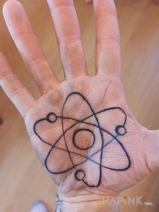 Tattoo Atom in black and gray motif and minimalistic style on the hand
