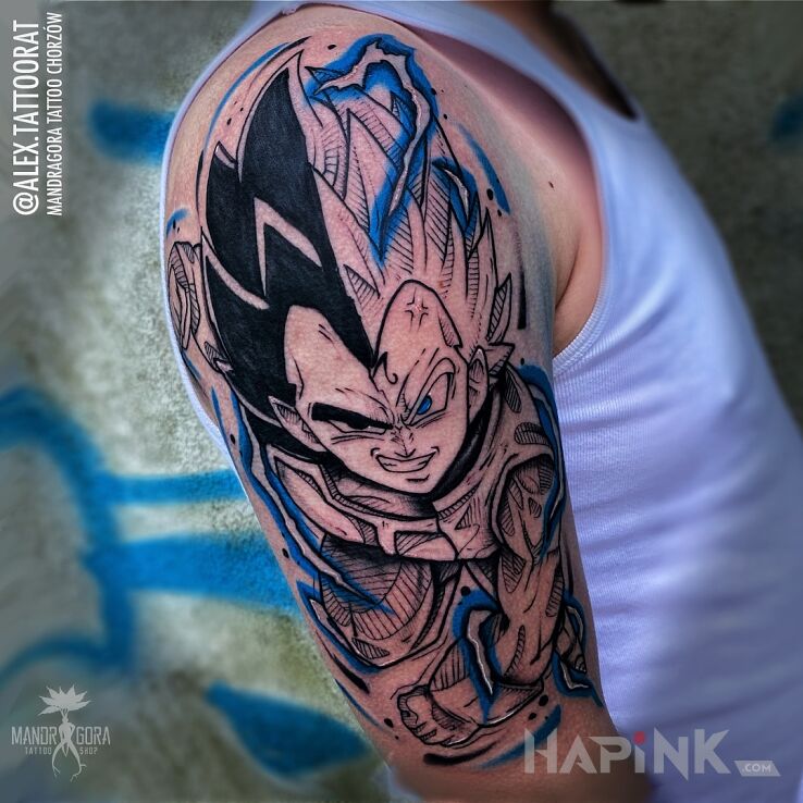 Tattoo Vegeta in characters motif and graphic / illustrative style on the upper arm