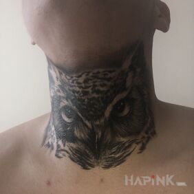 Tattoo Owl on the throat motif: black and gray style: realistic