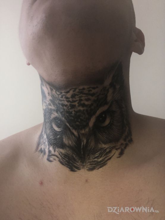 Tatuaż sowa  szyja w motywie czarno-szare i stylu realistyczne na szyi