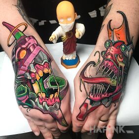 Tattoo Bizarre creatures on the hand motif: other style: newschool