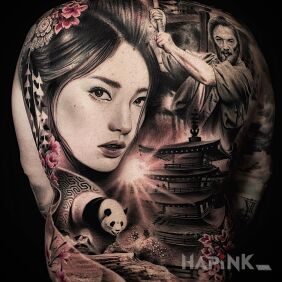 Tattoo Japan in a nutshell on the back motif: faces style: realistic