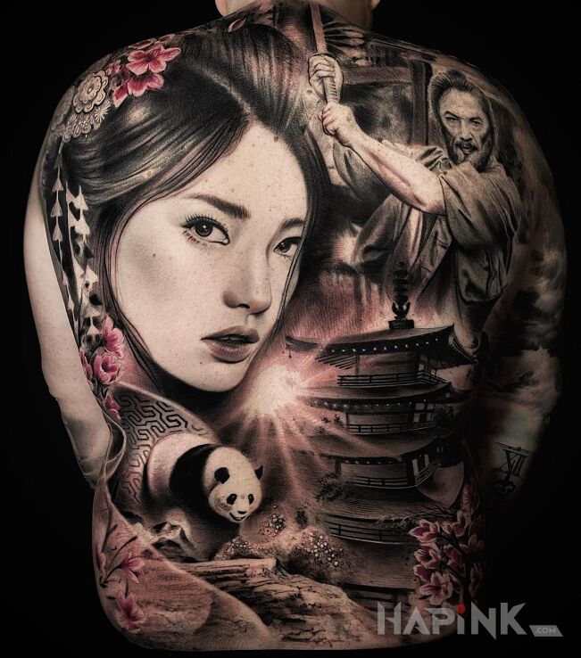 Tattoo Japonia w pigulce in black and gray motif and realistic style on the back