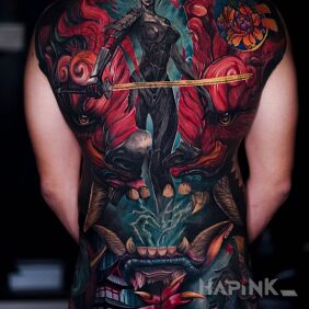 Tattoo Japanese warrior and demon on the buttocks motif: colorful style: realistic
