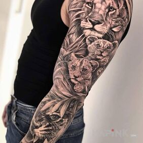 Tattoo Lion family on the upper arm motif: sleeves style: realistic