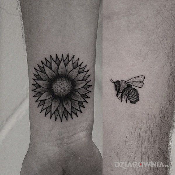 Tatuaż kwiatek i pszczółka w motywie miłosne na przedramieniu