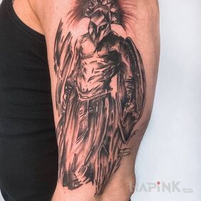 Tattoo Spartan on the upper arm motif: black and gray style: sketch