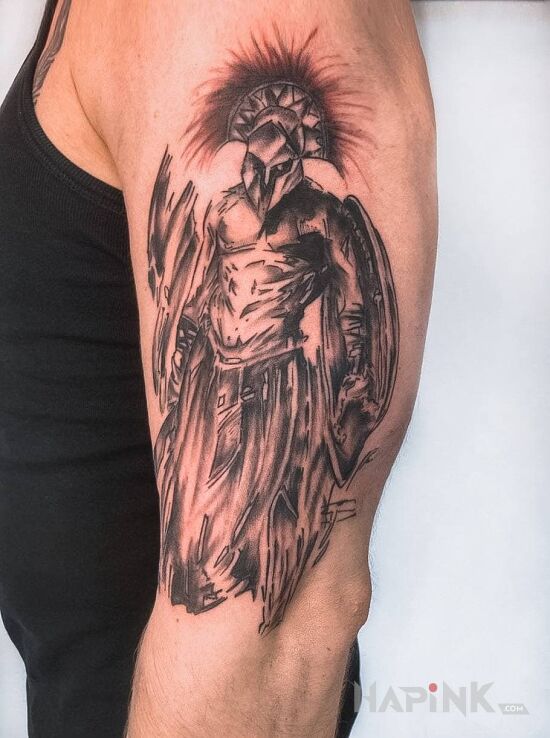 Tattoo Spartanin in characters motif and sketch style on the upper arm