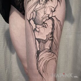 Tattoo Forehead kiss on the thigh motif: black and gray style: sketch