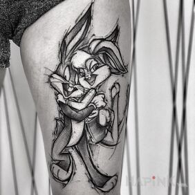Tattoo Bugs Bunny and his girlfriend on the leg motif: black and gray style: sketch