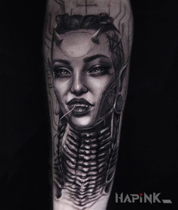 Tattoo Mała diablica in demons motif and realistic style on the forearm