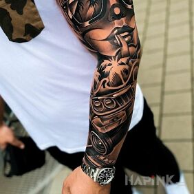 Tattoo Girl in glasses on the forearm motif: black and gray style: chicano