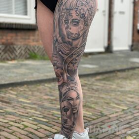 Tattoo Stylish like from Mexico on the tibia motif: santa muerte style: realistic