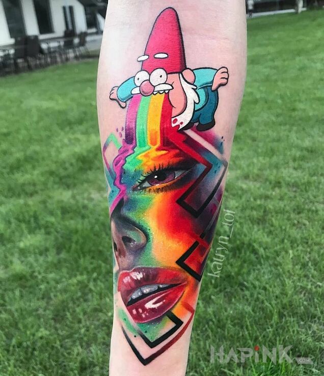 Tattoo Tęczowy rzyg ? in faces motif and realistic style on the calf