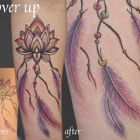 Tattoo Lotus flower cover up on the forearm motif: Indian style: graphic / illustrative