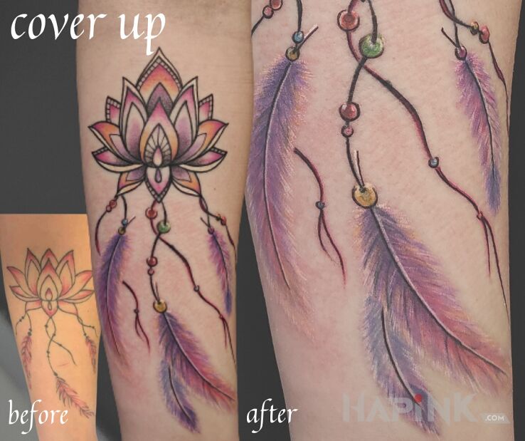Tattoo Lotus flower cover up in colorful motif and graphic / illustrative style On the arm