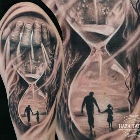 Tattoo Hourglass family transience On the arm motif: characters style: realistic