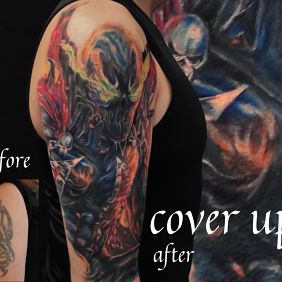 Tattoo Spawn comic fantasy cover up on the upper arm motif: characters style: realistic