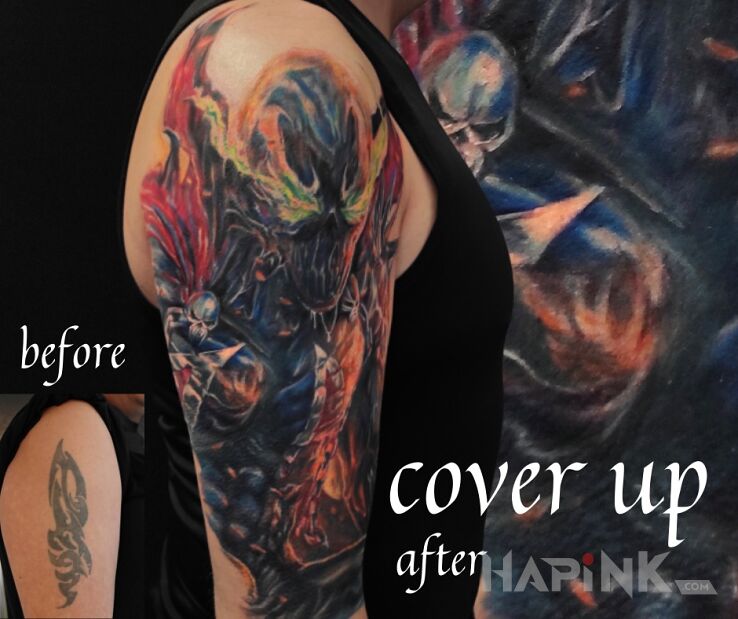 Tattoo Spawn komiks fantasy cover up in colorful motif and realistic style on the upper arm