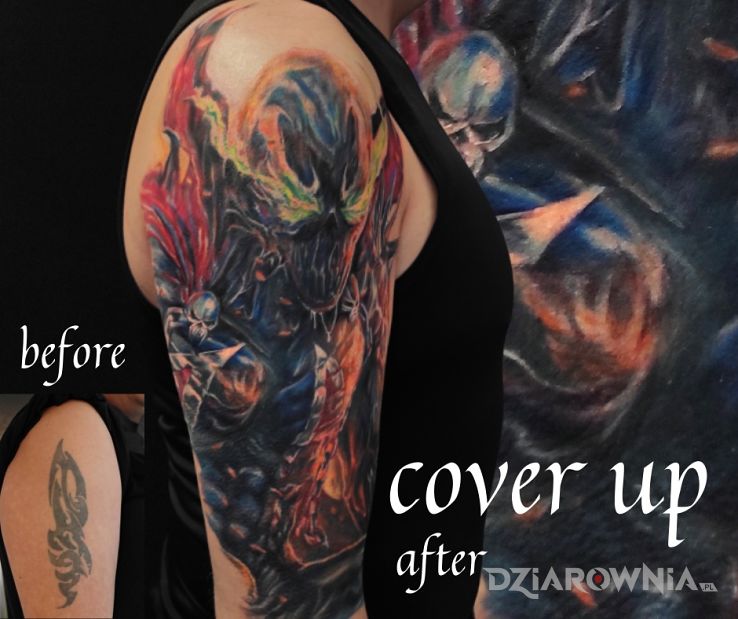 Tatuaż spawn komiks fantasy cover up w motywie pozostałe i stylu kreskówkowe / komiksowe na ramieniu