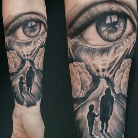 Tattoo Family On the arm motif: characters style: realistic