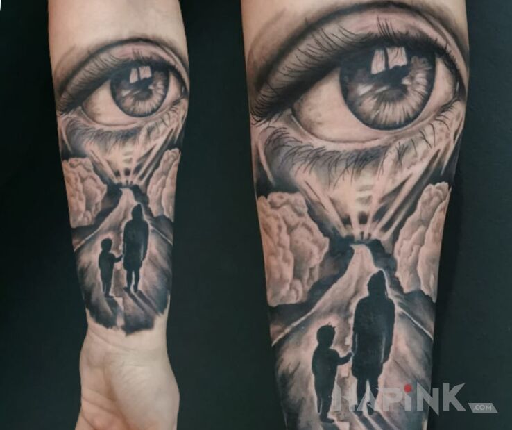 Tattoo Family in characters motif and realistic style on the forearm
