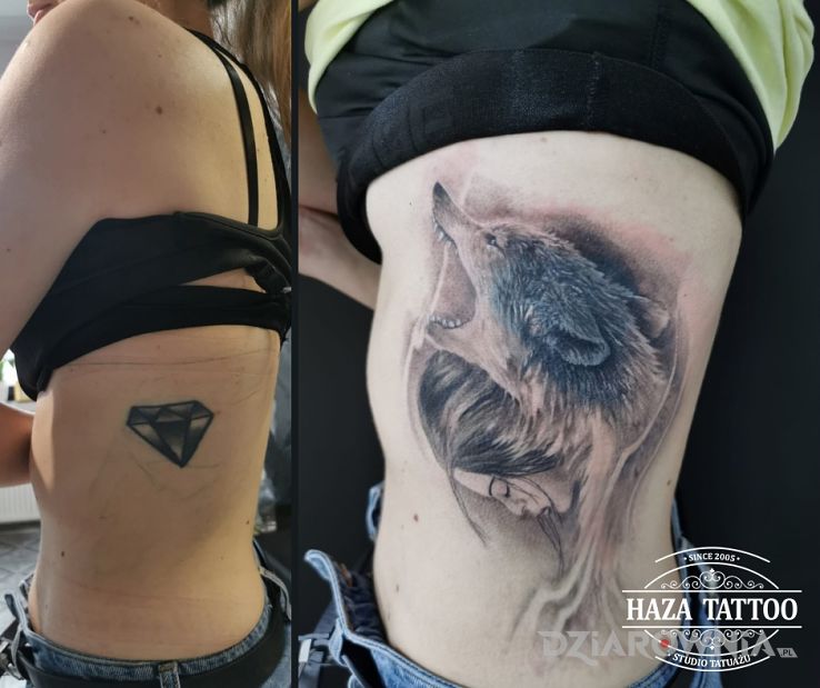 Tatuaż cover up dziewczyna wilk w motywie zwierzęta i stylu realistyczne na żebrach