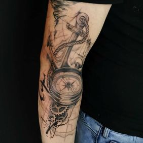 Tattoo Anchor compass map On the arm motif: black and gray style: realistic