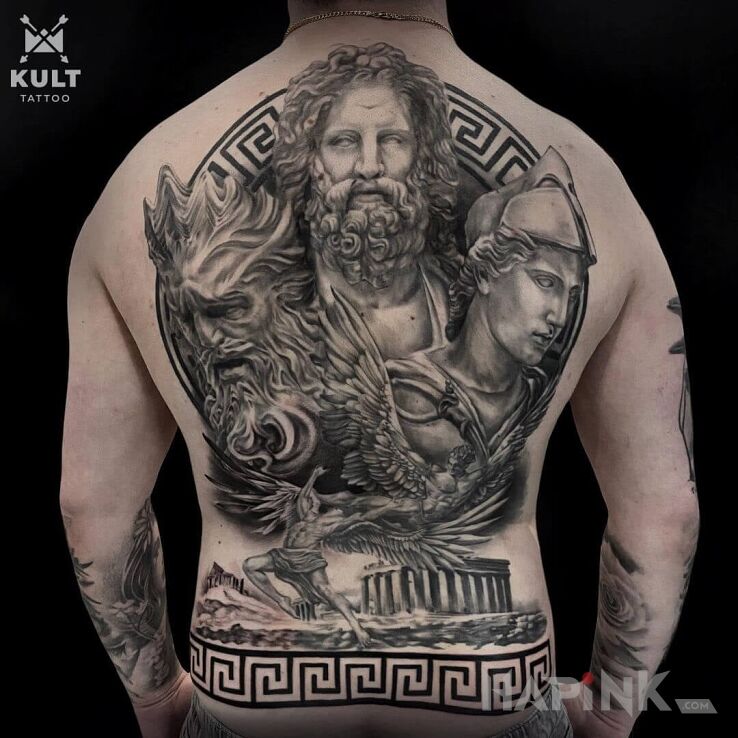 Tattoo MITOLOGIA in characters motif and graphic / illustrative style on the back